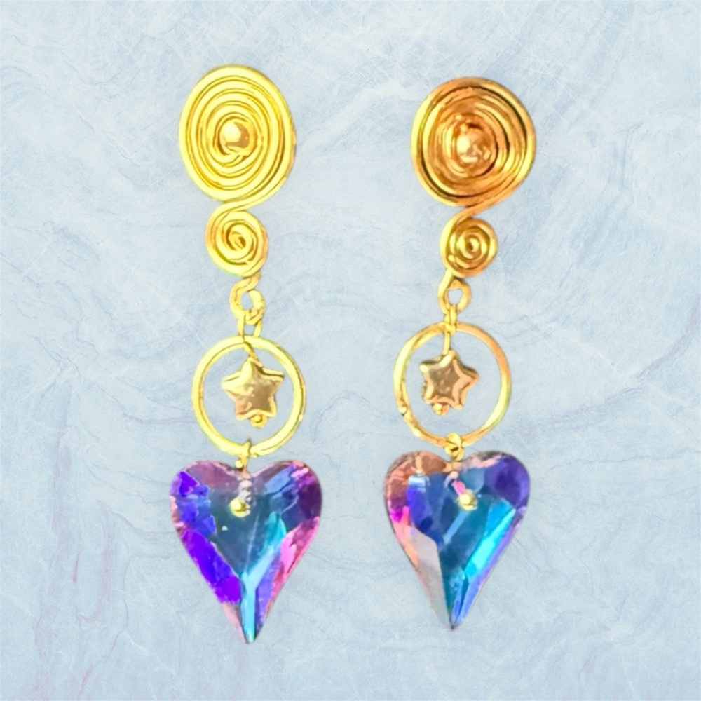 Gold and Iridescent Heart Star Earrings